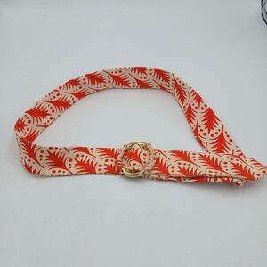 J Crew Orange and Cream Patterned Fabric Belt with Gold Buckle